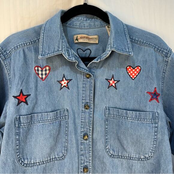 Marsh Landing Button-Down Patriotic Stars Shirt Women’s Size Medium Embroidered - Picture 4 of 9